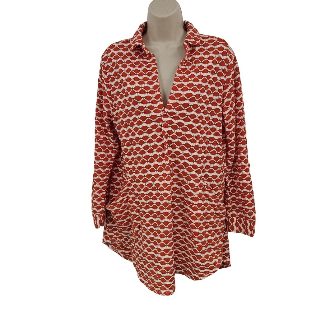 For Cynthia Beachwear Cover Up Women L Orange Eyelet Stripe Tunic Beachy Coastal